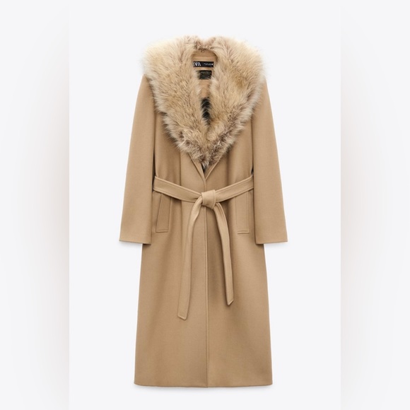 Zara Jackets & Blazers - Zara coat wool blend 75% long camel belted rope trench fur collar Manteco